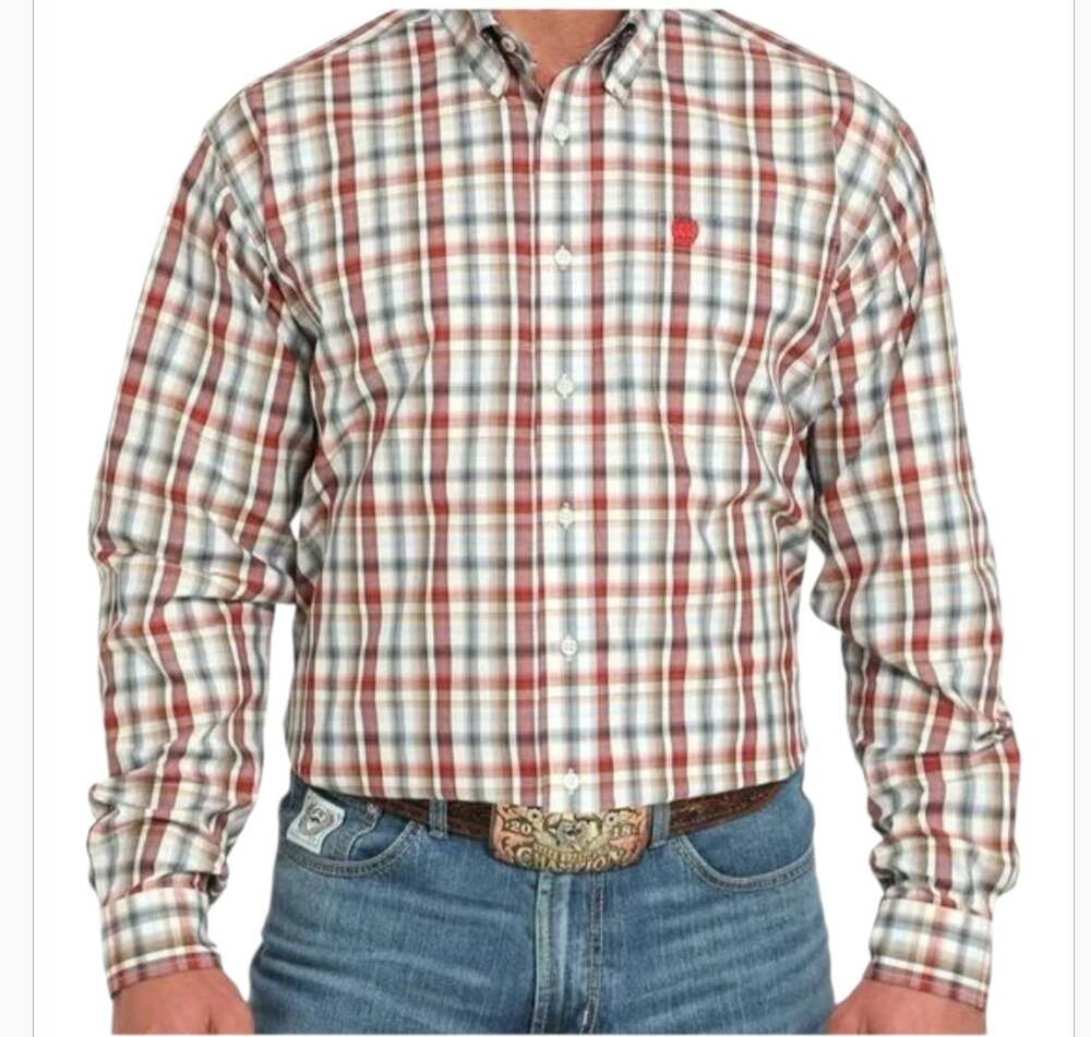 Cinch Mens Red Plaid Button Down Western Style Long Sleeve Shirt Size M